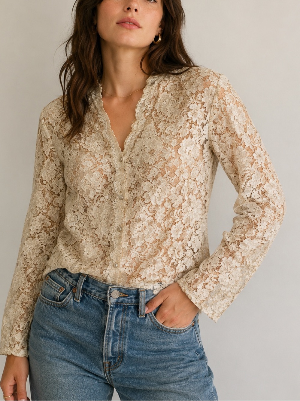 Vintage Liz Claiborne Cream Lace Blouse Victorian Feminine Edwardian Cottagecore